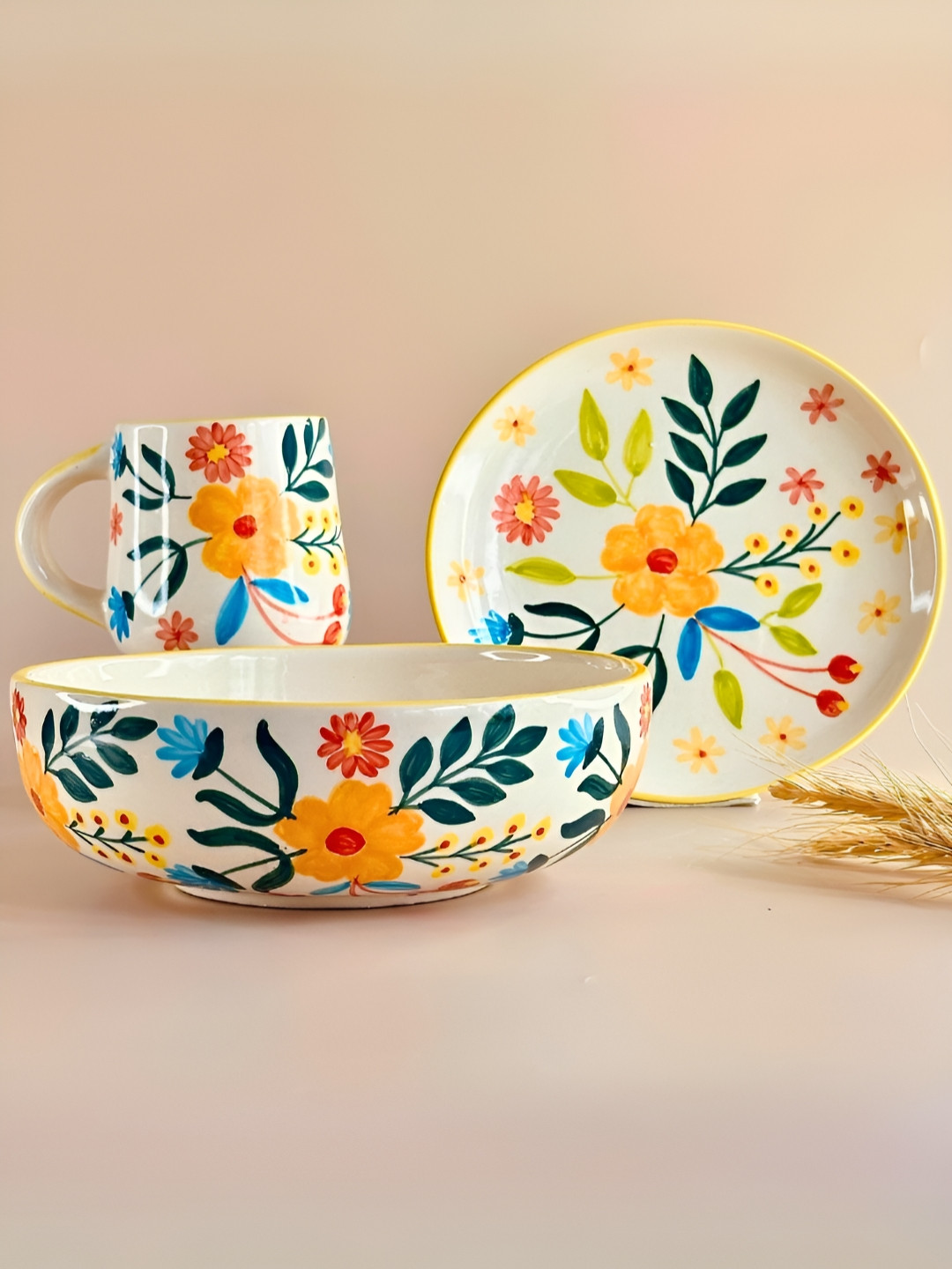NURTURE INDIA White & Orange 3 Pieces Floral Extravaganza Ceramic Dinner Set