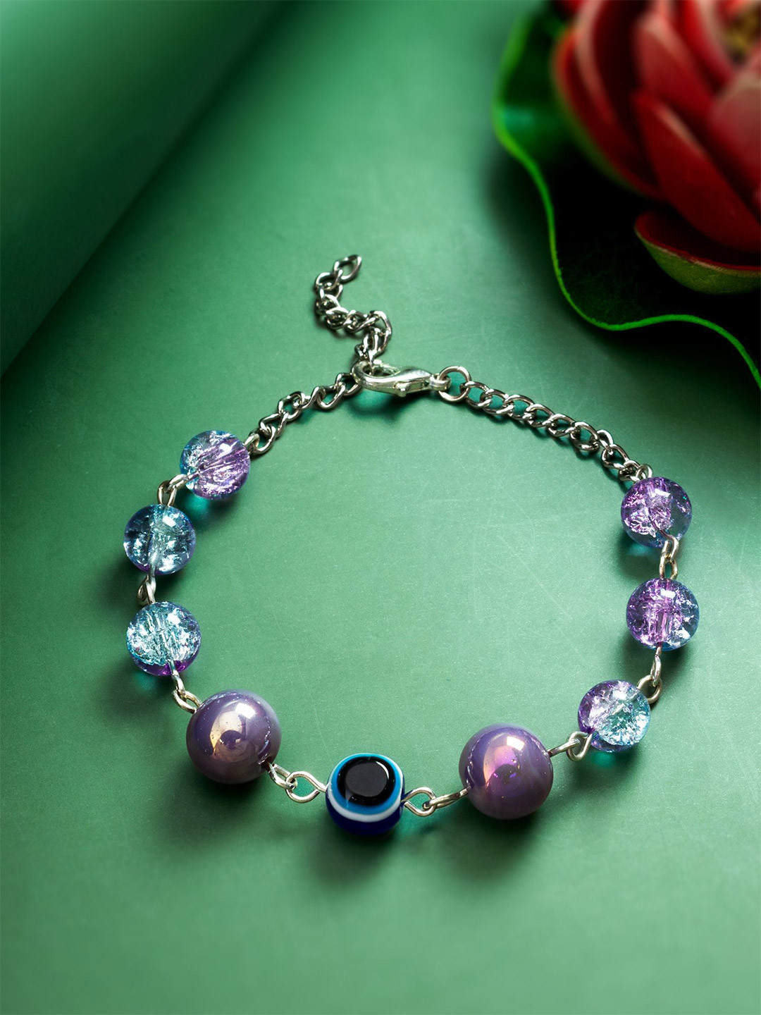 aadita Silver Glass Pearl Evil Eye Charm Bracelet