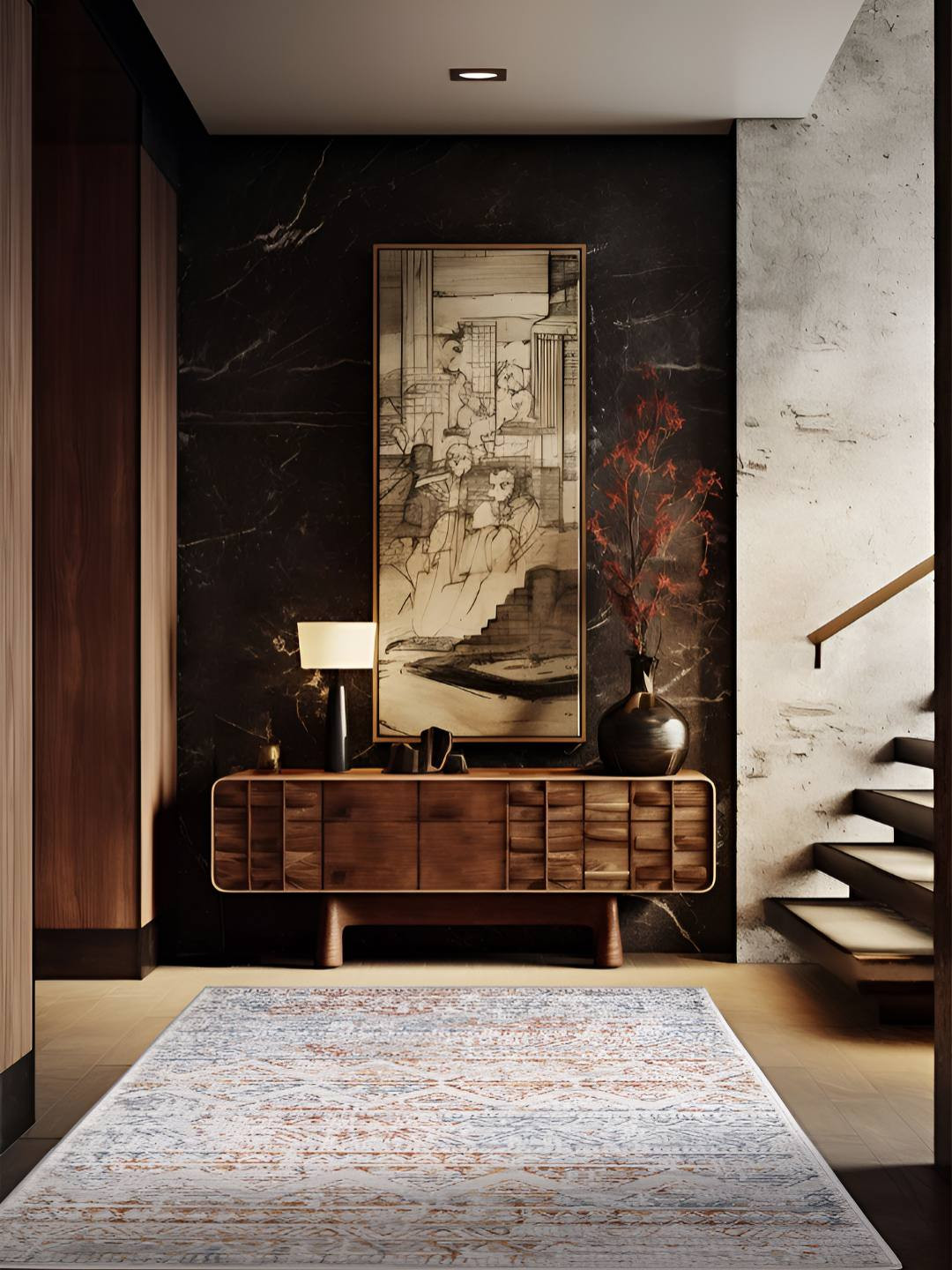 Sapana Carpet-Mats Grey & Rust Geometric No Shredding Carpet