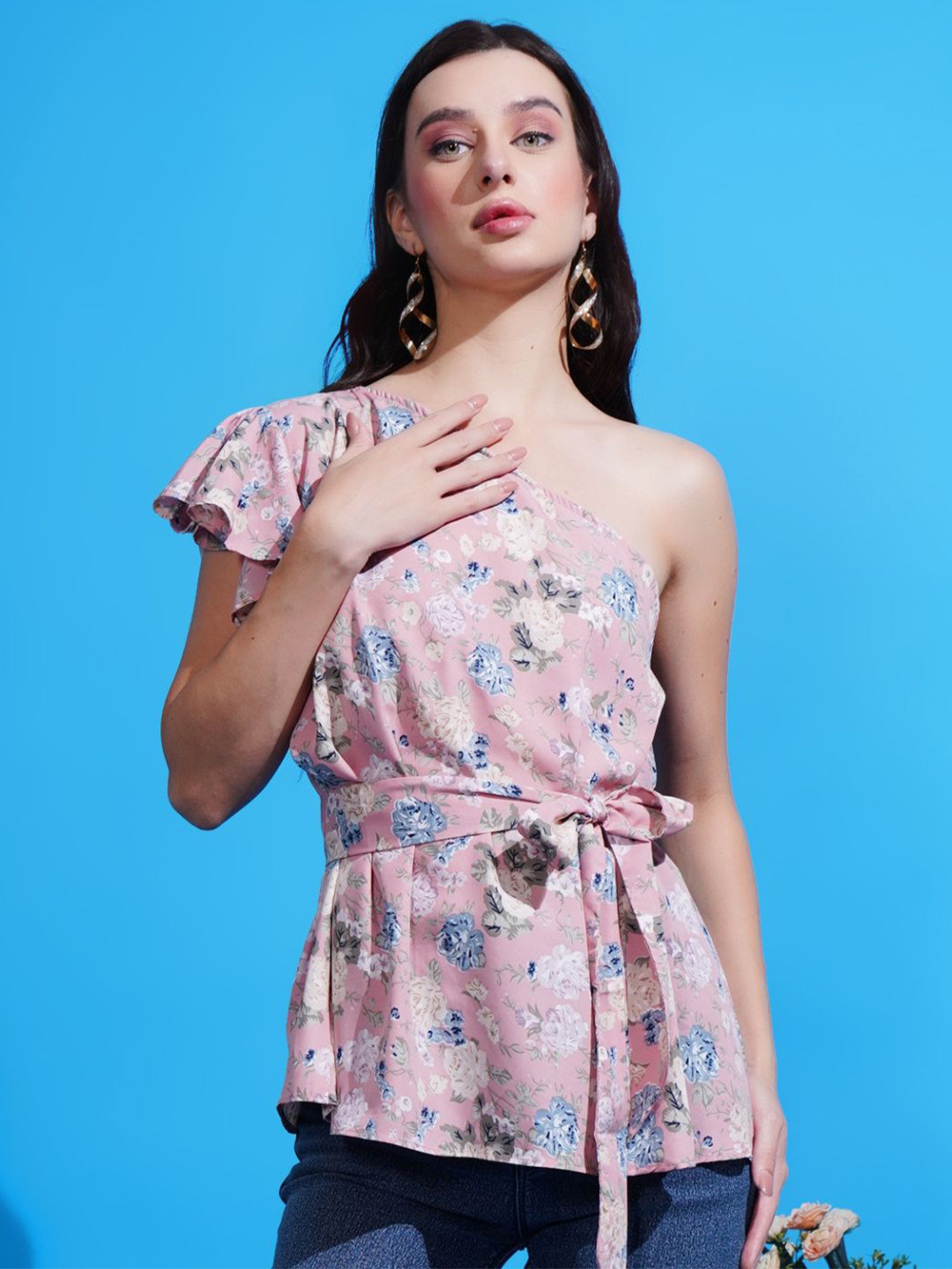 Boholyfe Women Pink Floral Printed One Shoulder Crepe Top