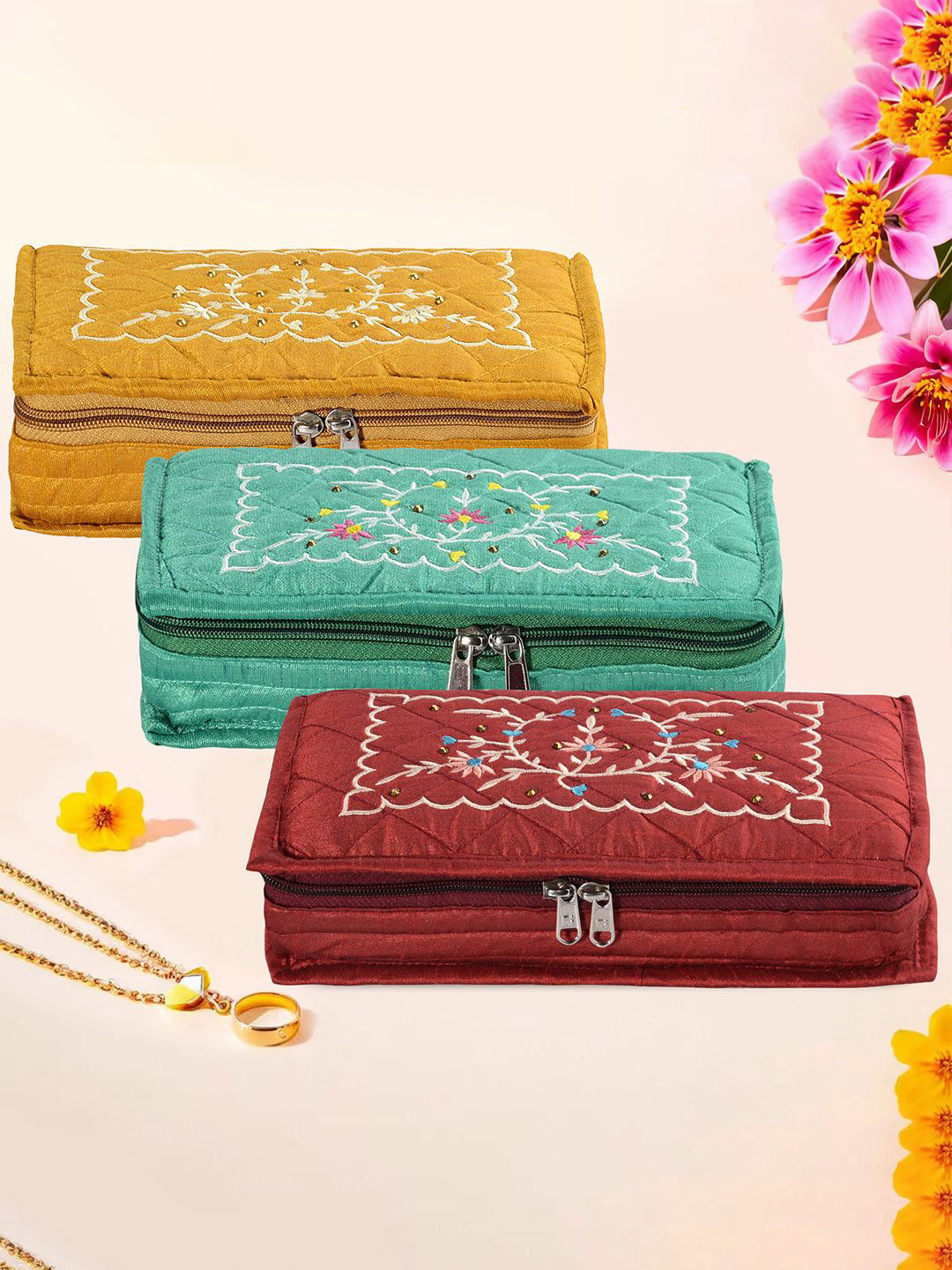 Kuber Industries Yellow & Maroon 3 Pieces Embroidery Jewellery Organiser