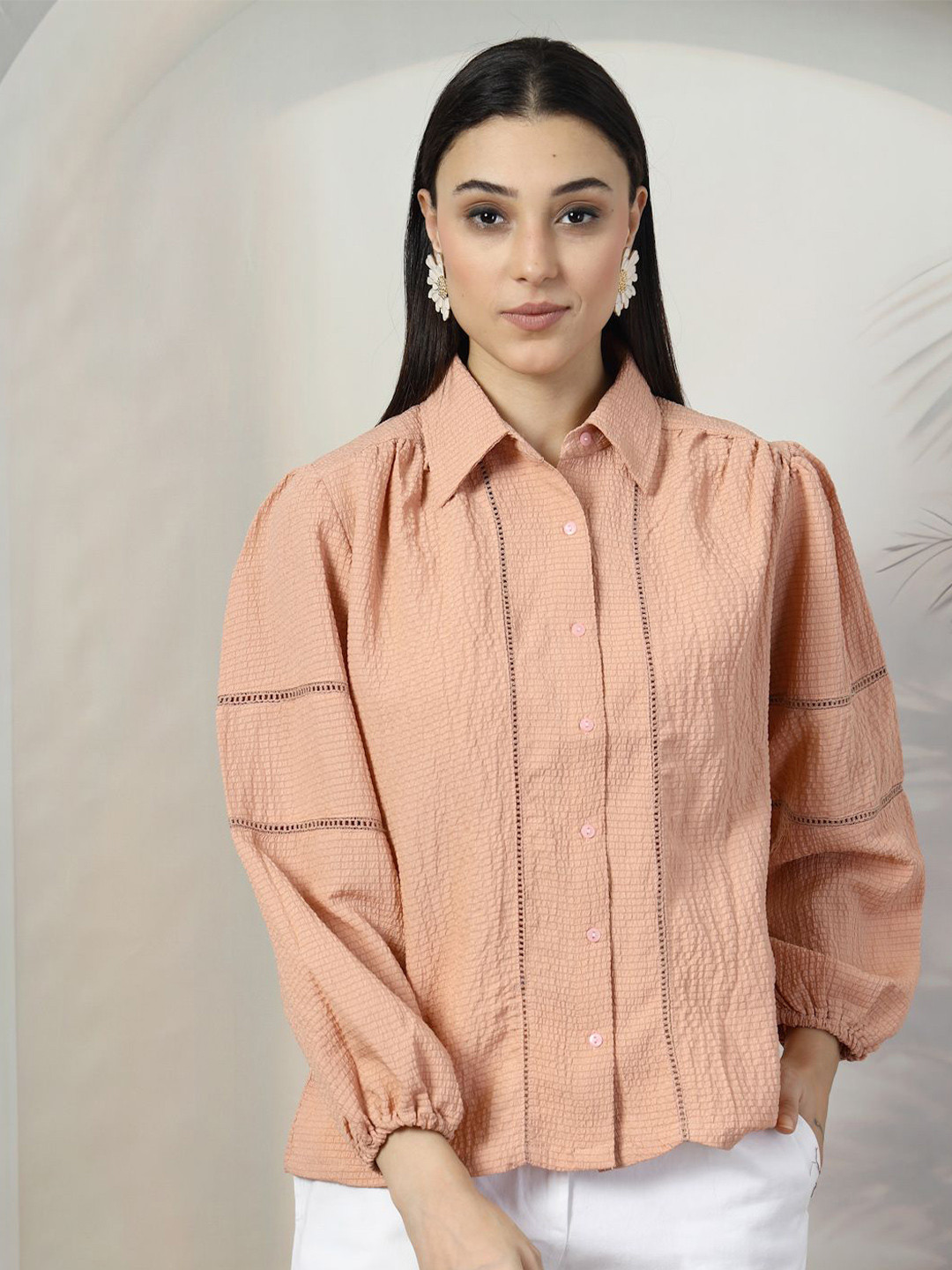 plusS Women Peach Textured Casual Shirt