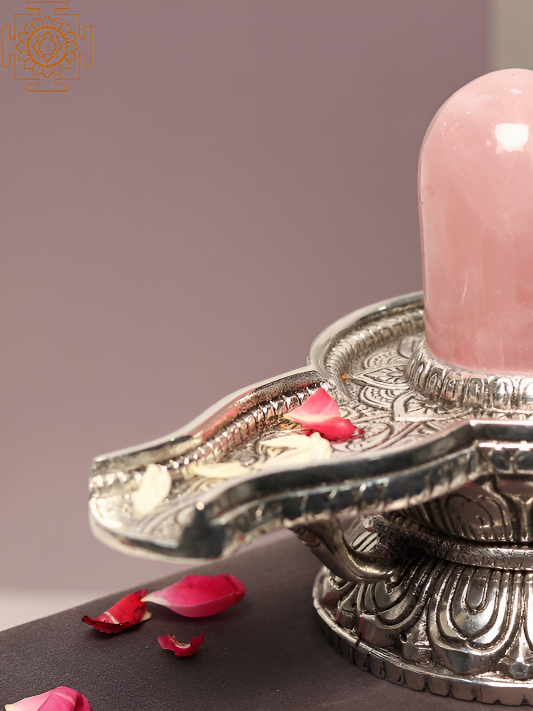 Exotic India Rose Quartz Shivalinga Rose Aluminium Metallic Prayer Room Set of 2 Small Showpieces - 3.5 Inches