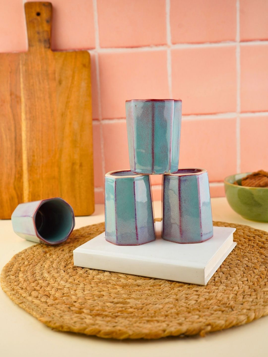 WEAVING HOMES Blue Textured Ceramic Handmade 4 Piece Kulladhs-130ml