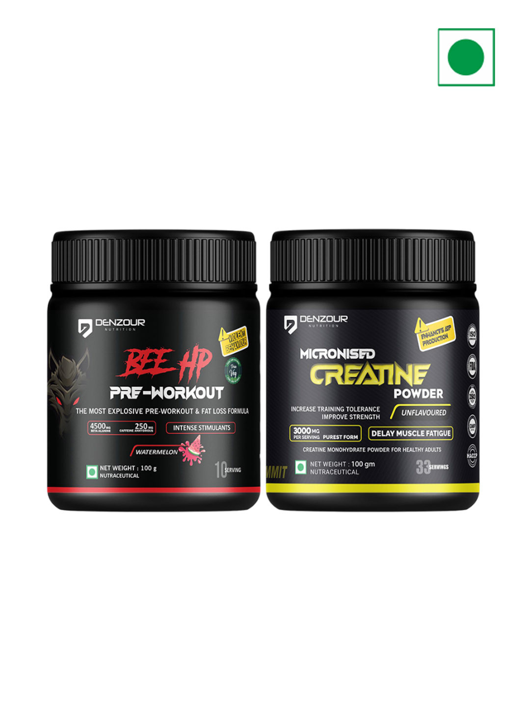DENZOUR NUTRITION Micronised Creatine Powder & Bee HP Pre-Workout-100g Each