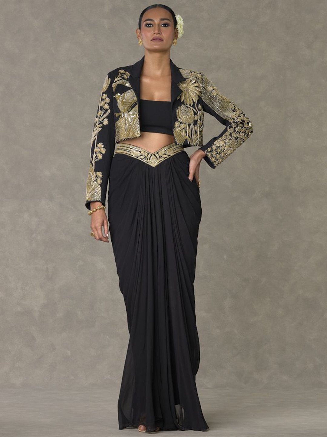 Masaba Embellished Crop Top & Maxi Skirt With Blazer