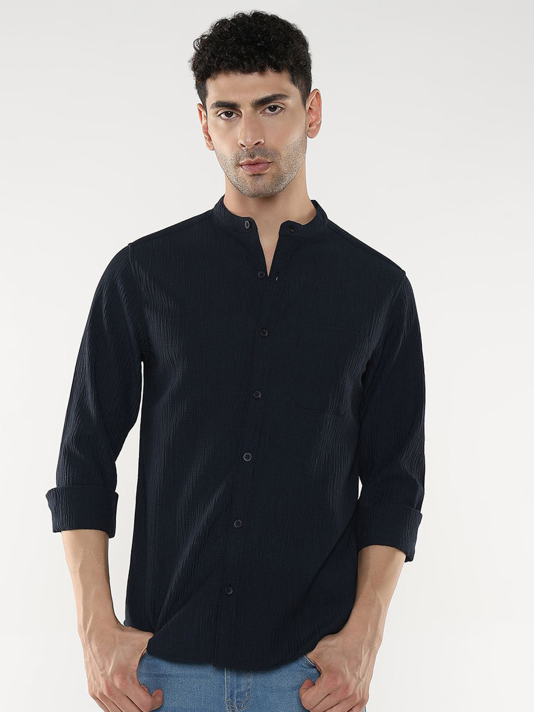 R&B Men Band Collar Solid Cotton Casual Shirt