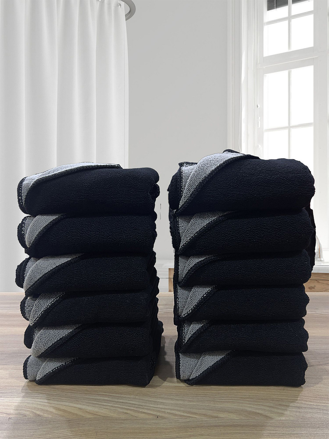 LABHAM Black & Grey 12 Pcs Anti-microbial 450 GSM Reversible Bath Towels