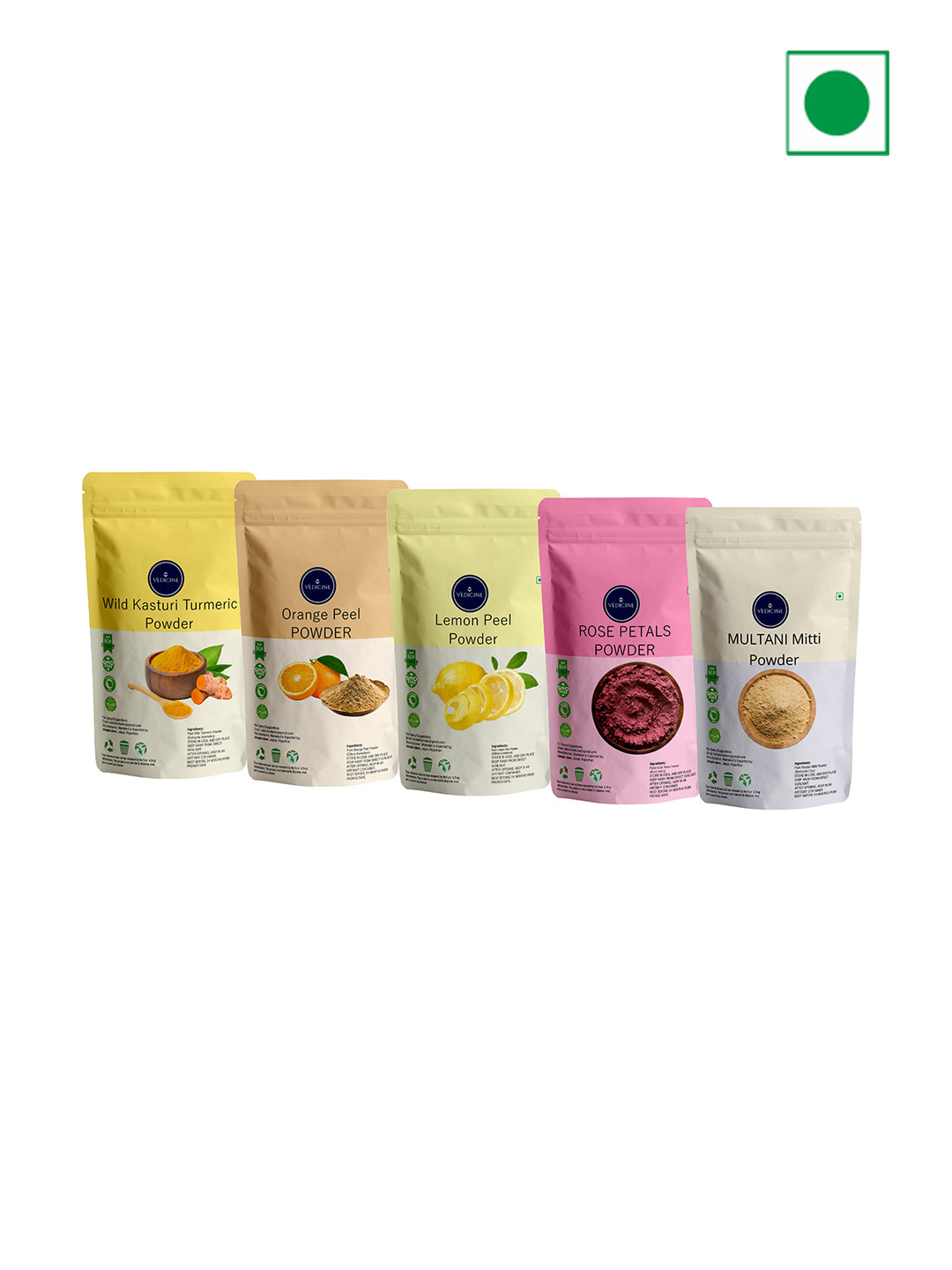 VEDICINE Set Of 5 Wild Turmeric Orange Lemon Rose Petal Multani Mitti Face Pack 75 g Each