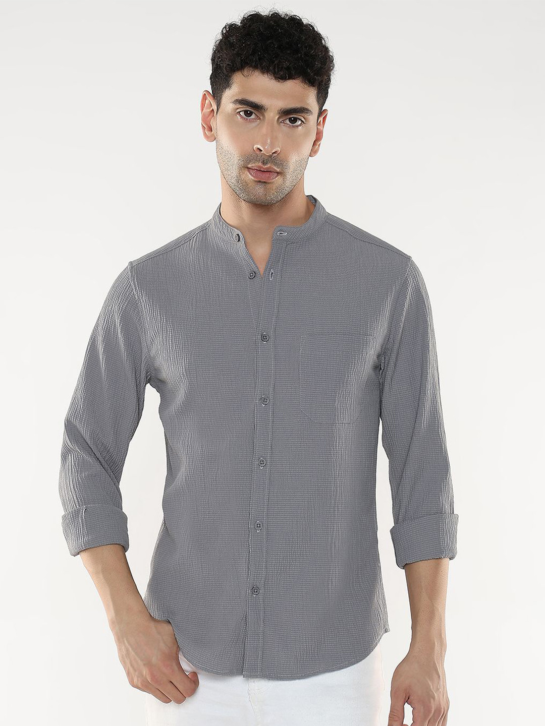 R&B Men Band Collar Solid Cotton Casual Shirt