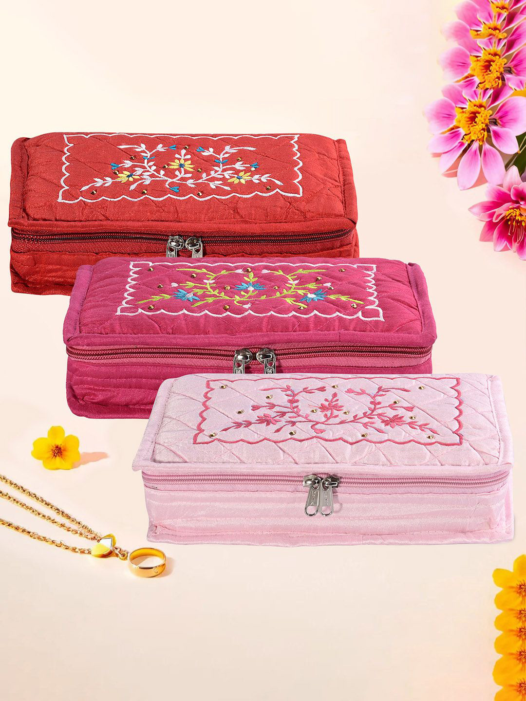 Kuber Industries Pink & Red 3 Pieces Floral Embroidery Light- Weight Jewellery Organisers