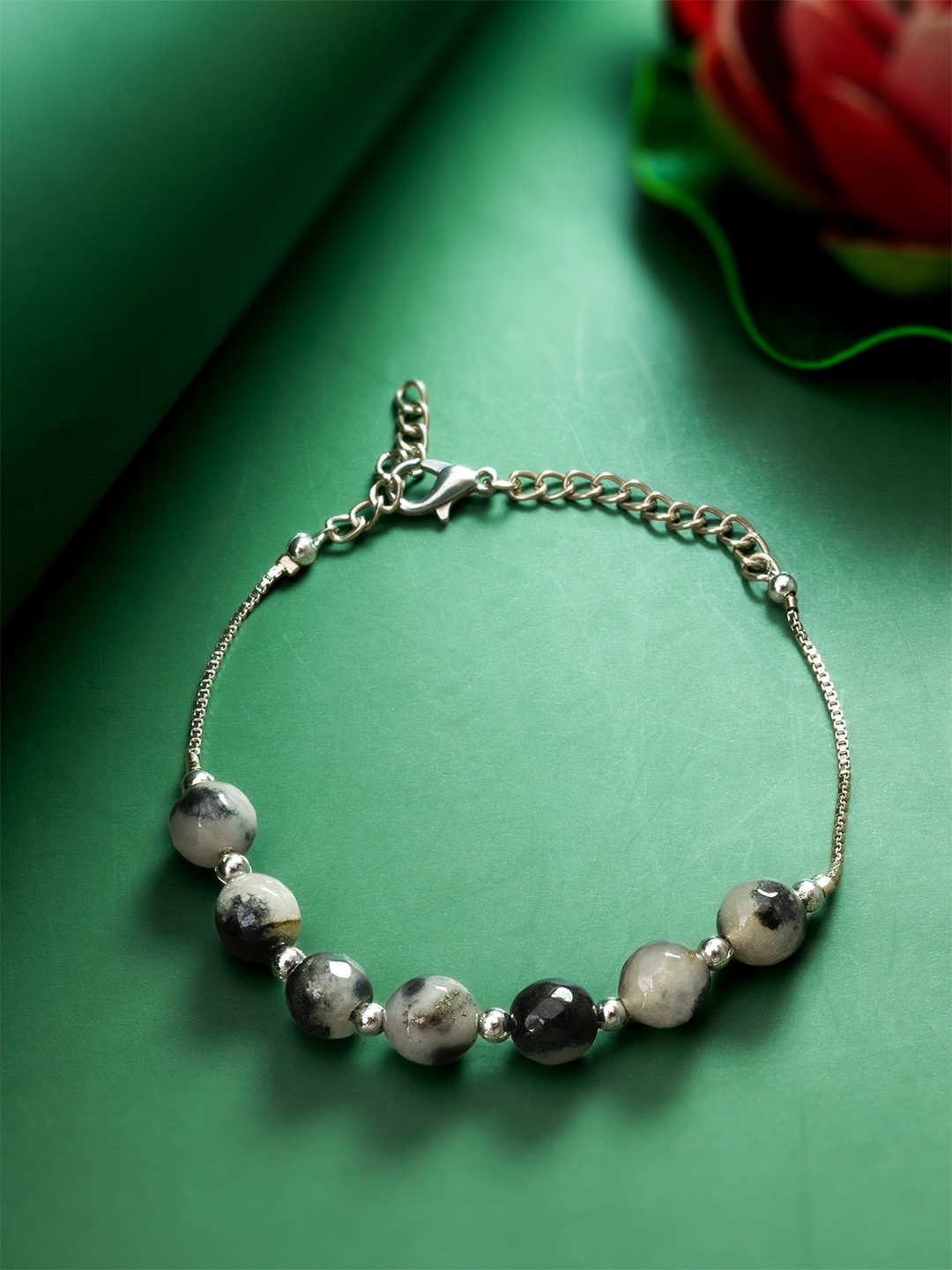 aadita Silver Beaded Evil Eye Charm Bracelet