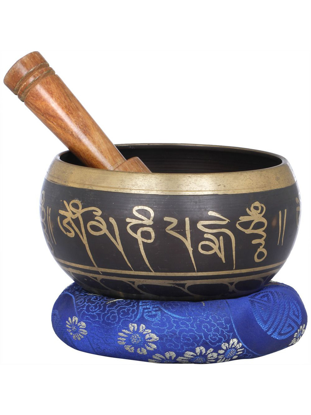Exotic India Lord Buddha Singing Bowl with Mantras Black Brass Metallic Living Room Hand Made Set of 3 Small Showpieces - 2.5 Inches