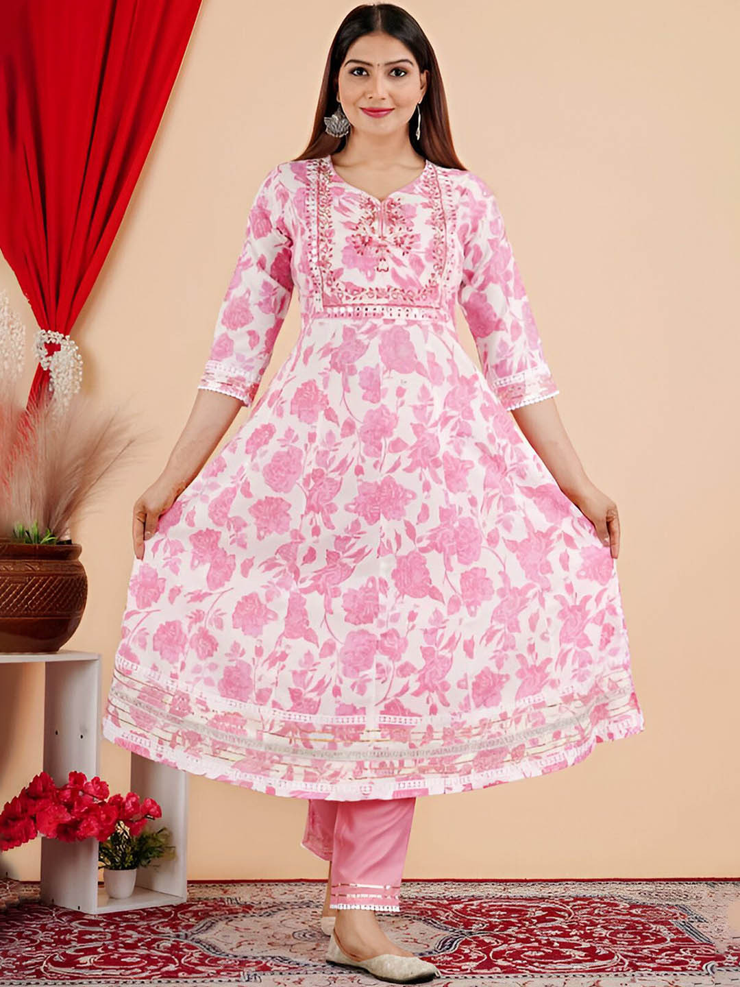 Parth Fab Floral Printed V-Neck Mirror Work Anarkali Kurta with Trousers