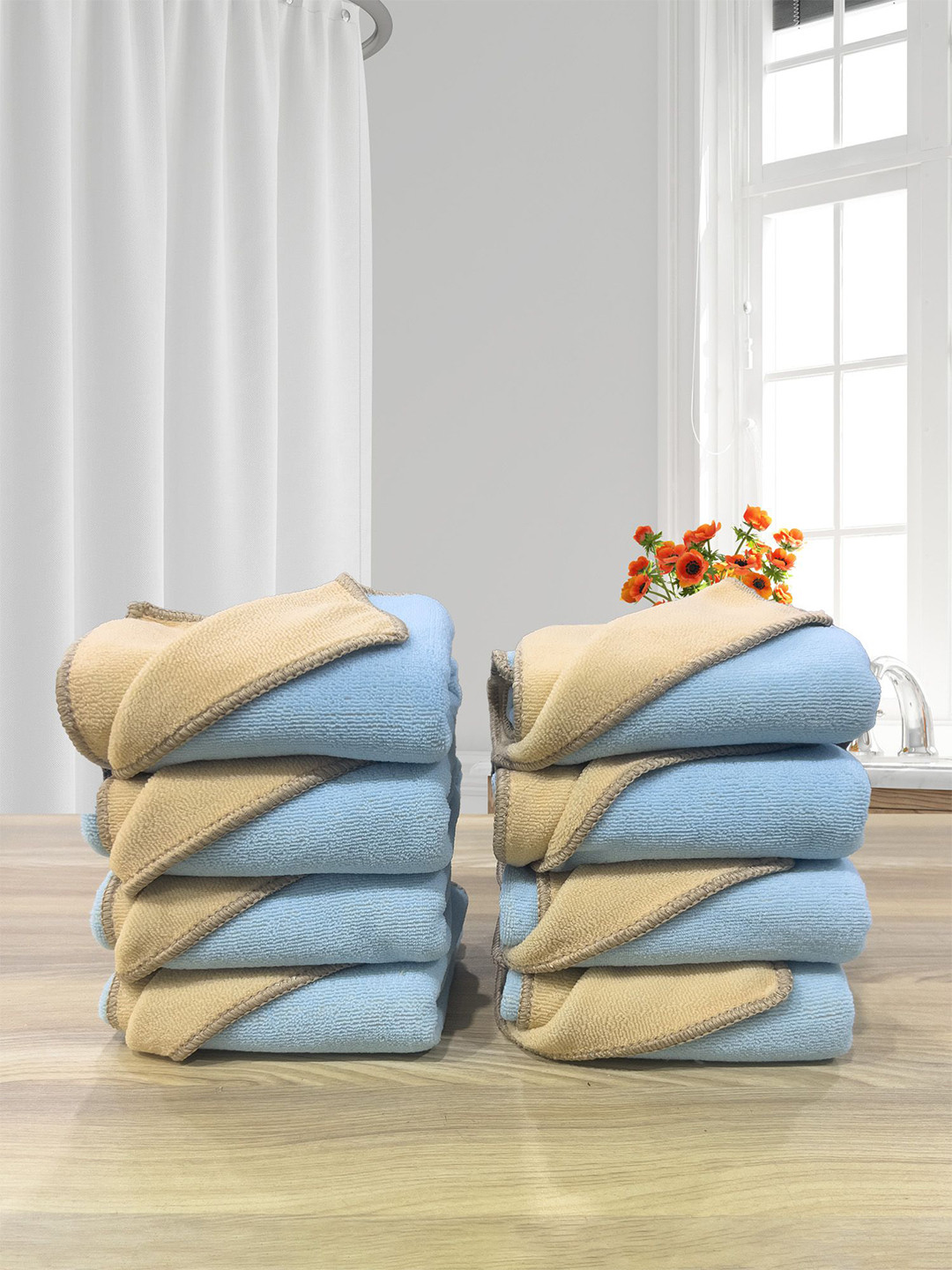 LABHAM Blue & Beig 8 Pieces Self Designed 450 GSM Reversible Hand Towels