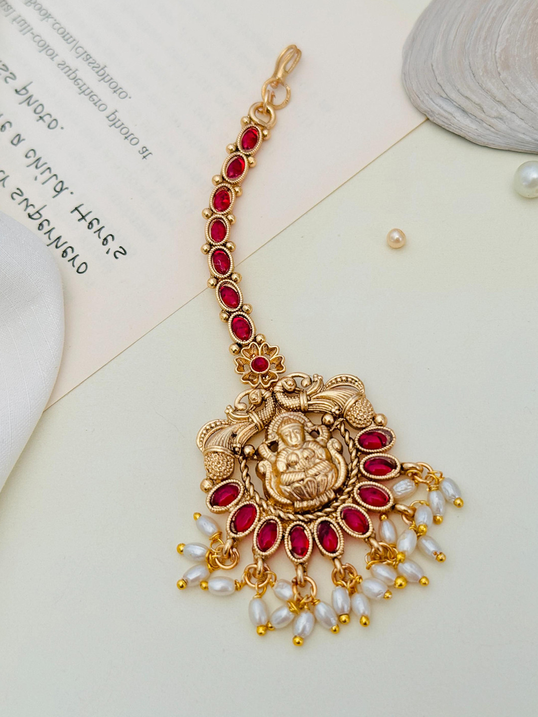 ABDESIGNS Gold-Plated Stones Studded & Beaded Temple Maang Tikka Head Jewellery
