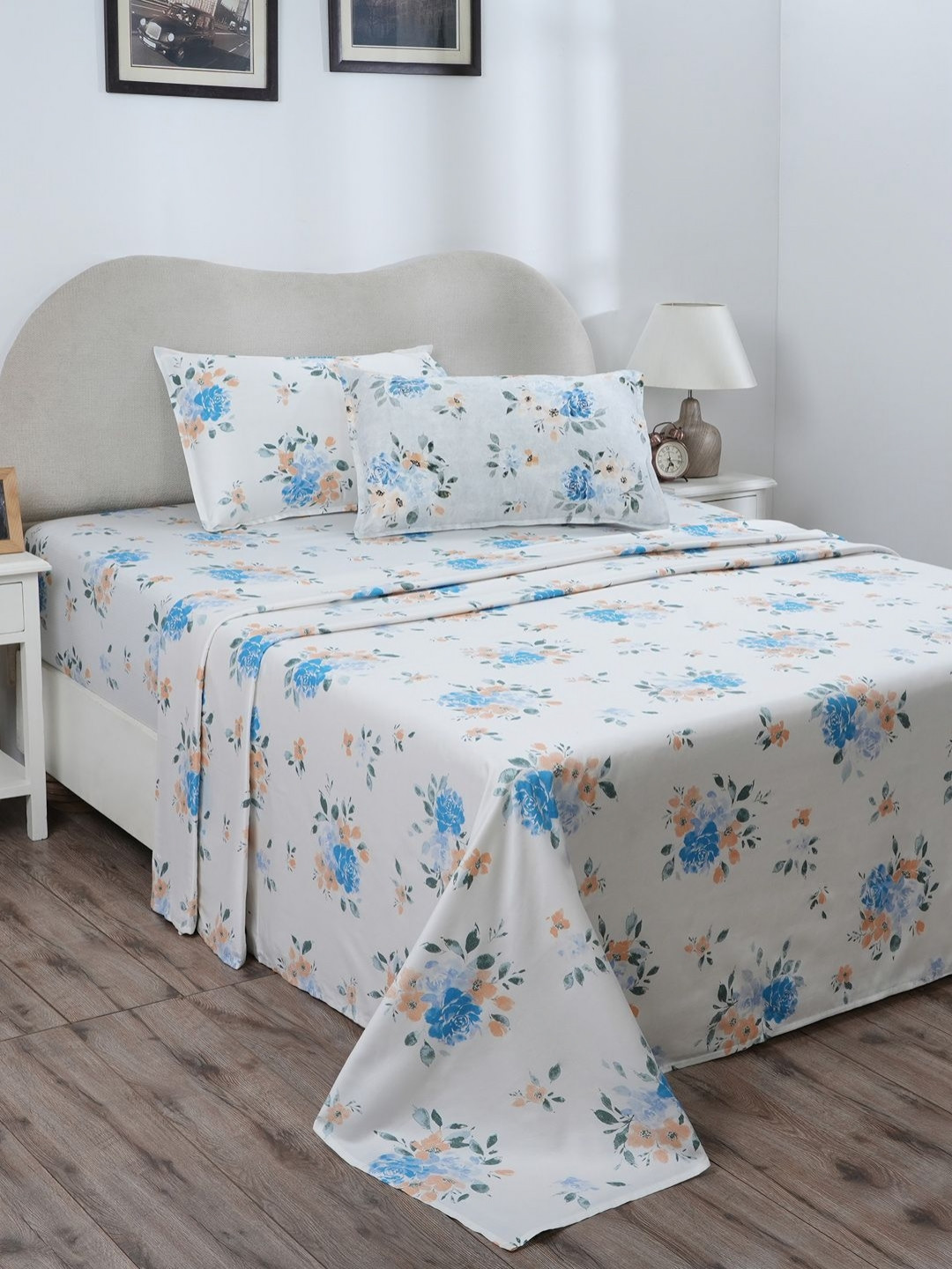 MASPAR Hermosa Eclectic Garden Gabriella Blue Floral Pure Cotton 300 TC King Fine Bedsheet with 2 Pillow Covers-108 x 108 inches