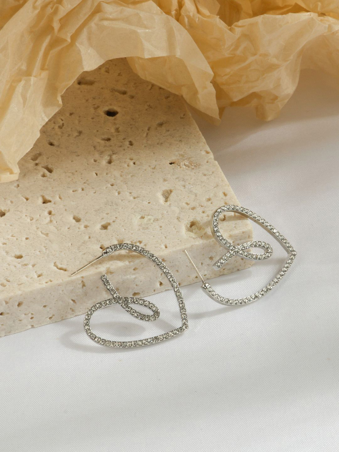 Krelin Rhodium-Plated Stone Studded Twisted Hollow Out Heart Shaped Drop Earrings