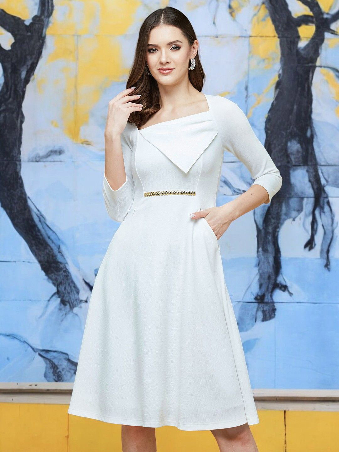 DressBerry Square Neck Raglan Sleeves Side Pocketed Fit and Flare Knee-Length Dress