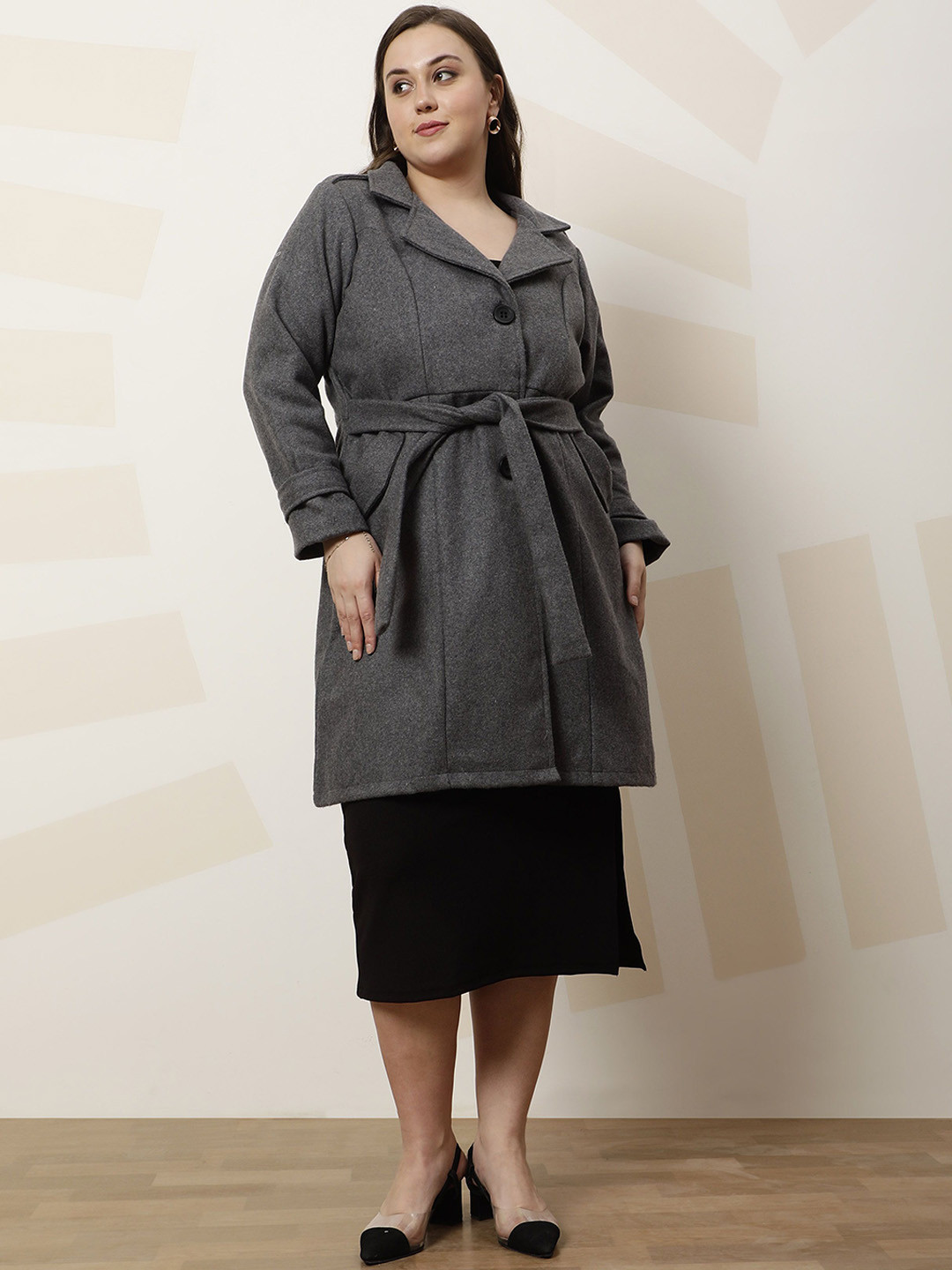 Athena Ample Plus Size Solid Longline Notched Lapel Woolen Overcoat