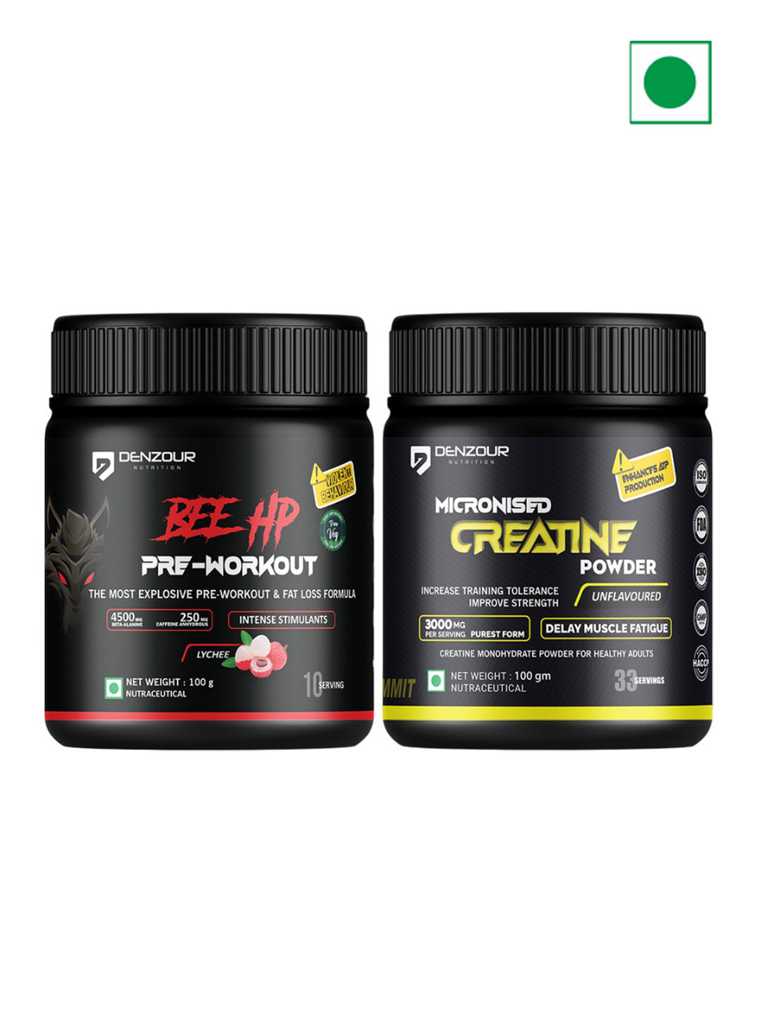 DENZOUR NUTRITION Set Of 2  Bee HP Pre-Workout & Micronised Creatine Powder -100 gm Each