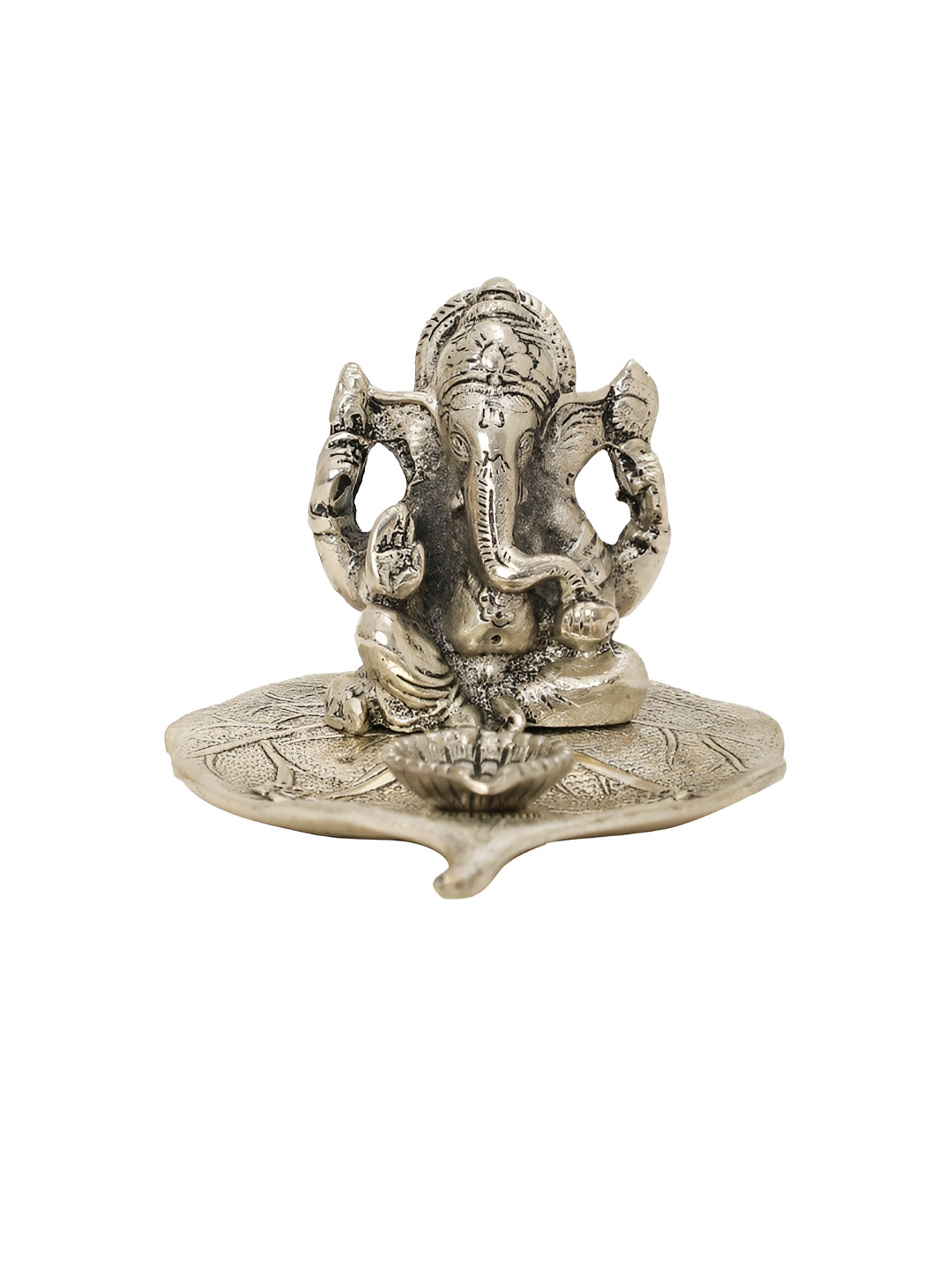 INTERNATIONAL GIFT Ganesh with Diya Silver Polyresin Glossy Prayer Room Tiny Showpiece - 3.9 Inches