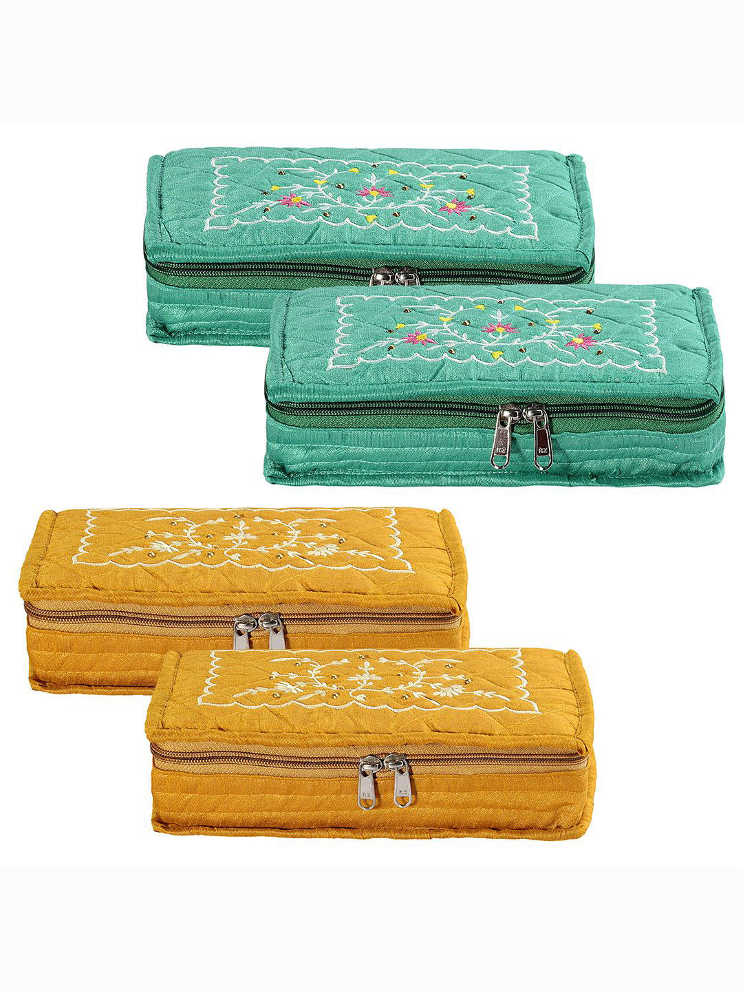 Kuber Industries Yellow & Green 4 Pieces Embroidered Jewellery Organisers