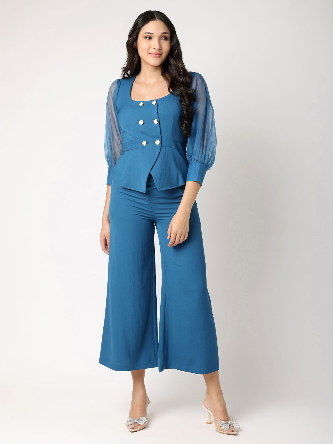 BLANC9 Scoop Neck Puff Sleeves Top & Trousers Co-Ord Set