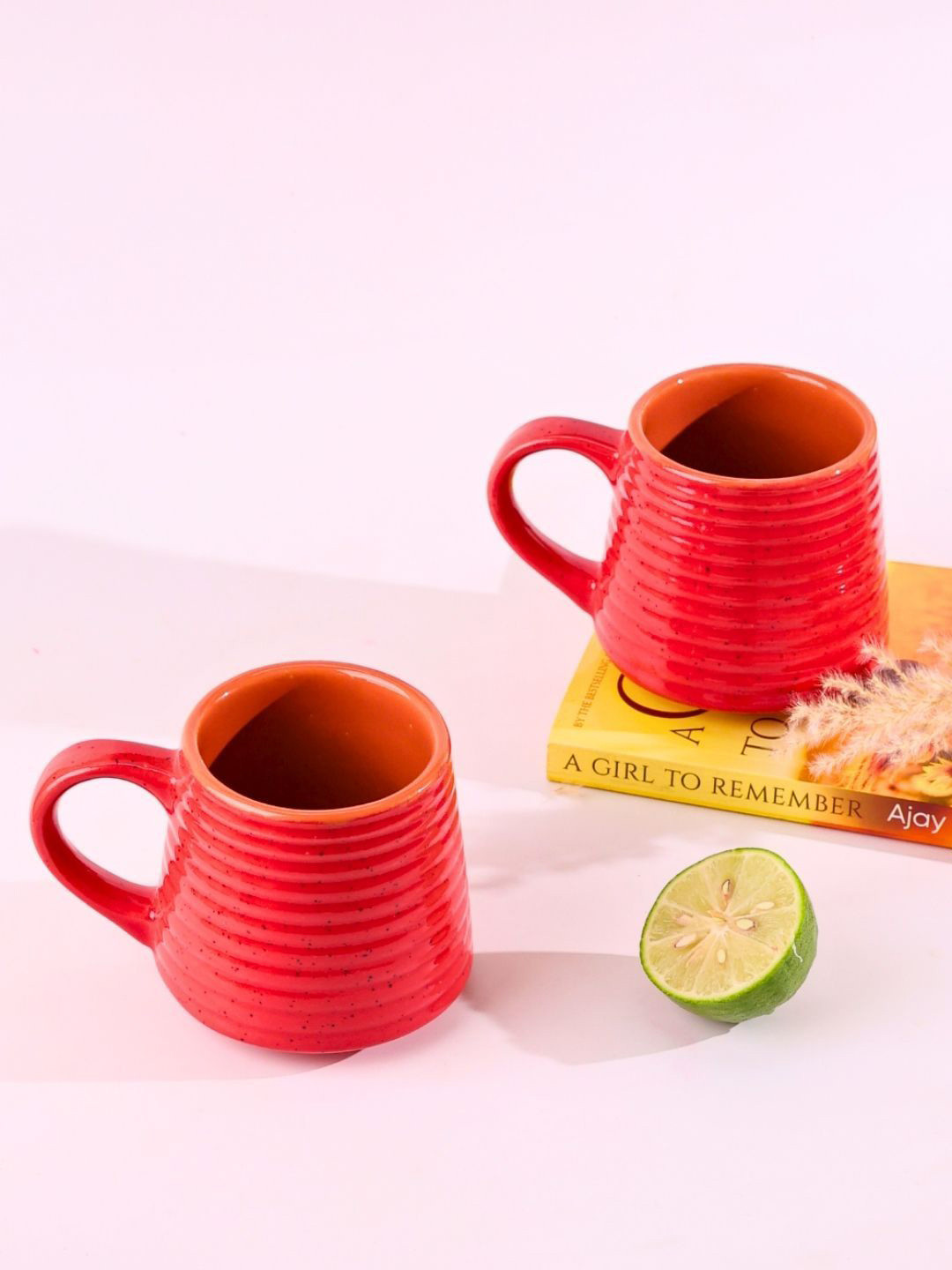 WEAVING HOMES Fish Scaled Red Textured Ceramic Microwave Safe 2 Piece Mugs-210ml