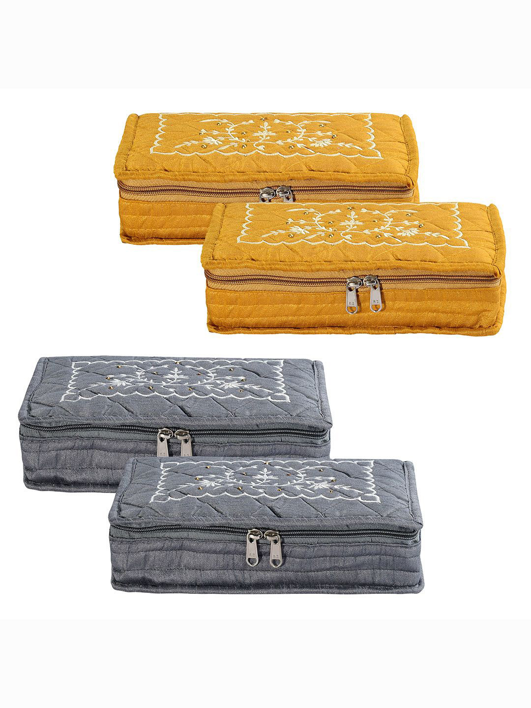 Kuber Industries Grey & Yellow 4 Pieces Self Design 7 Pouch Embroidery Jewellery Organiser