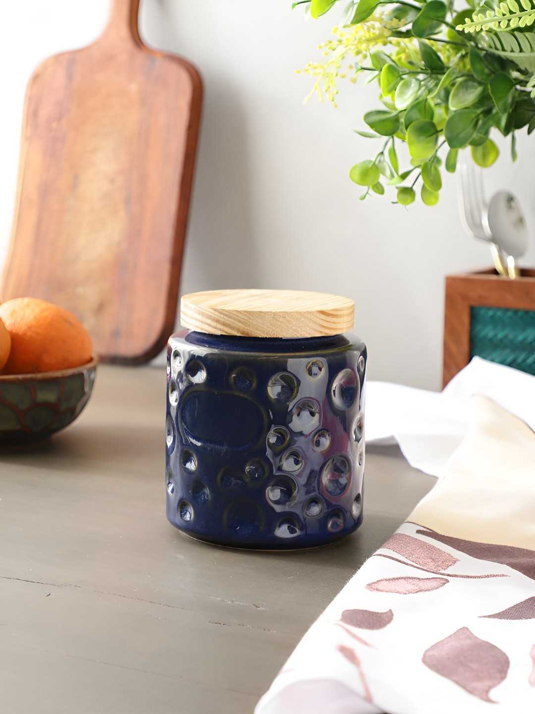 The Decor Mantra Mantra Blue Ceramic Air Tight Flip Top Canister-800ml