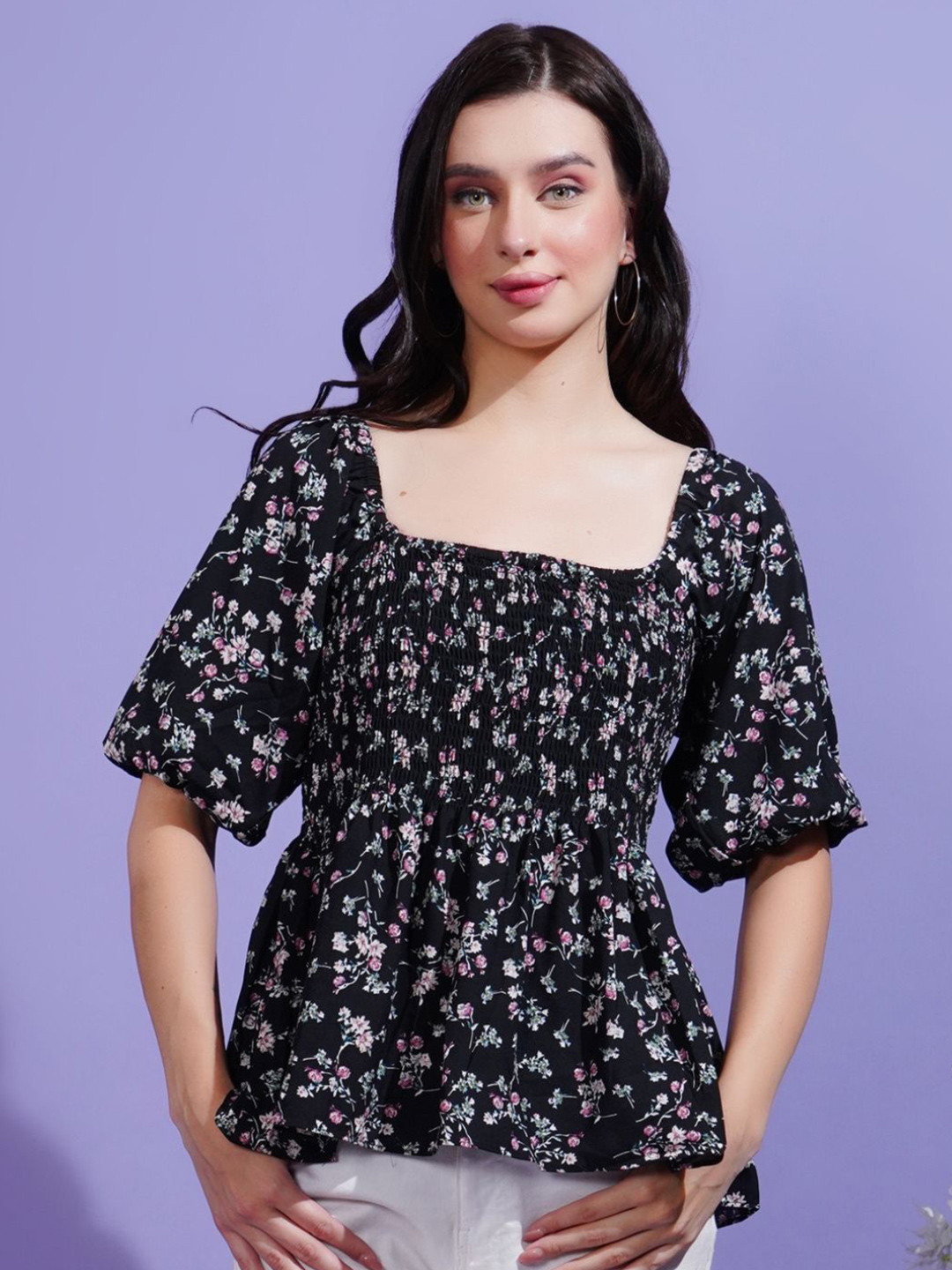 Boholyfe Women Floral Printed Smocked Off-Shoulder  Top