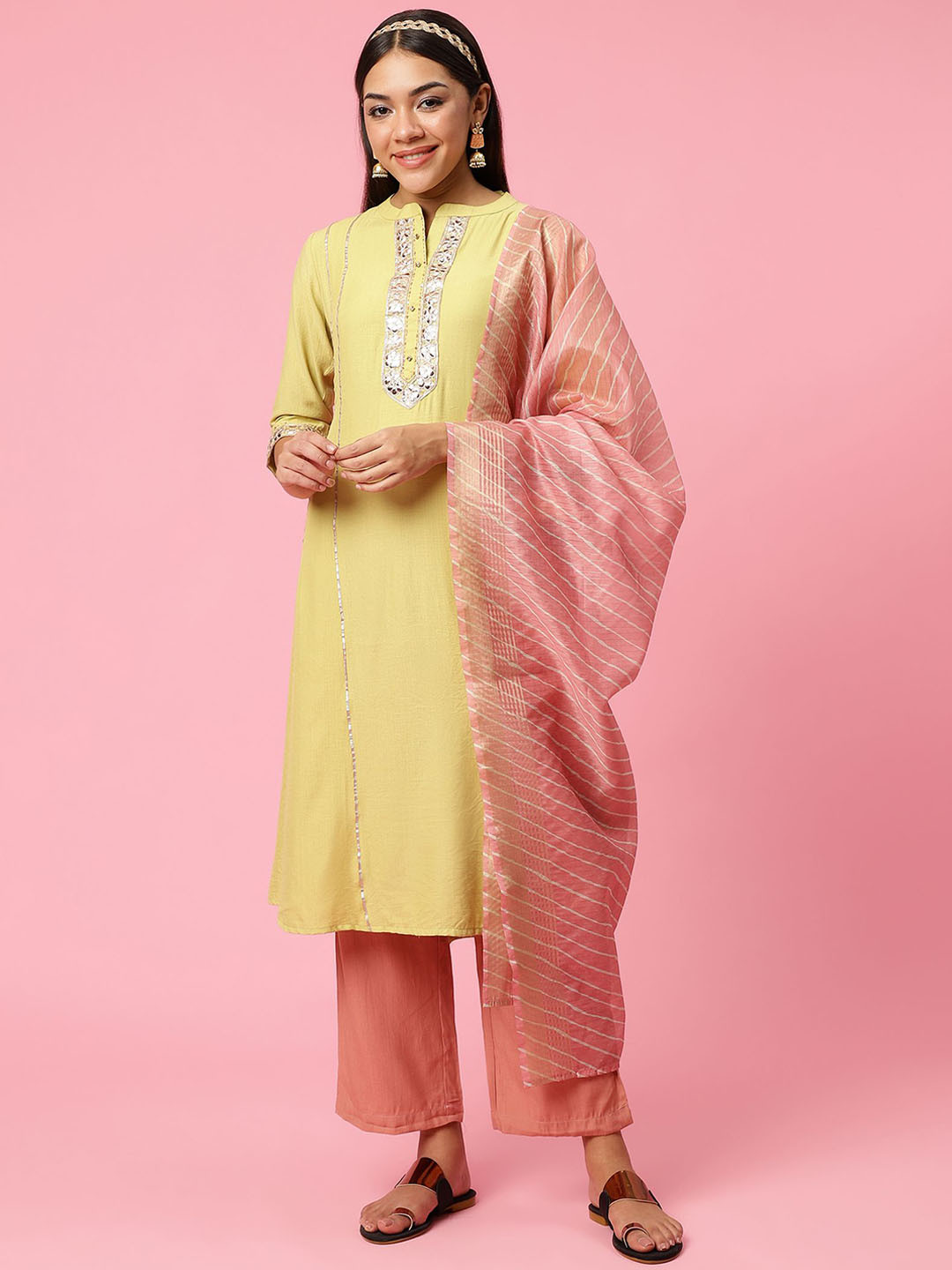 Shree Yoke Design Regular Sequinned Liva A Line Kurta with Trousers & Dupatta