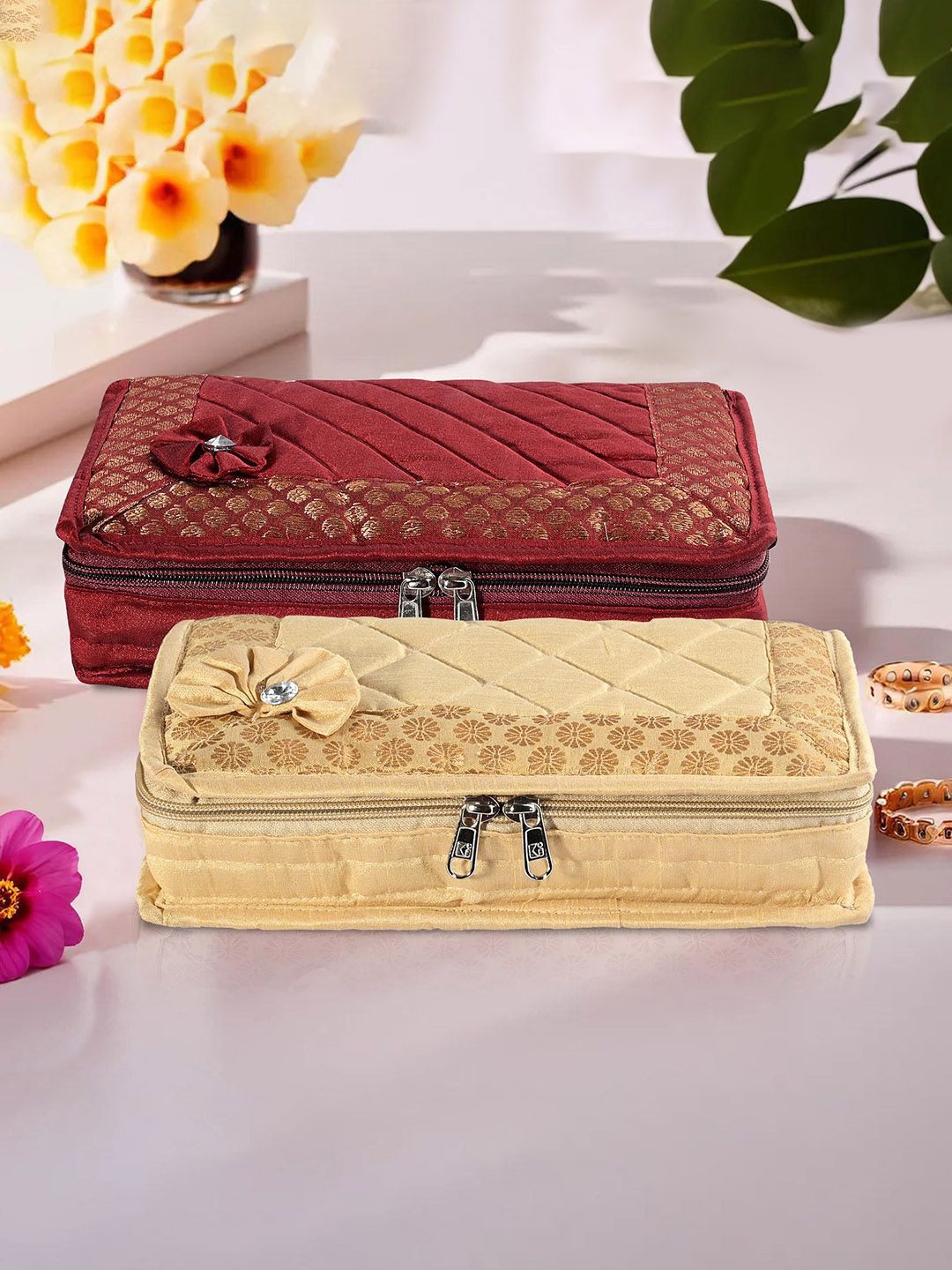 Kuber Industries Gold-Toned & Maroon 2 Pieces Self Design Jewellery Organisers