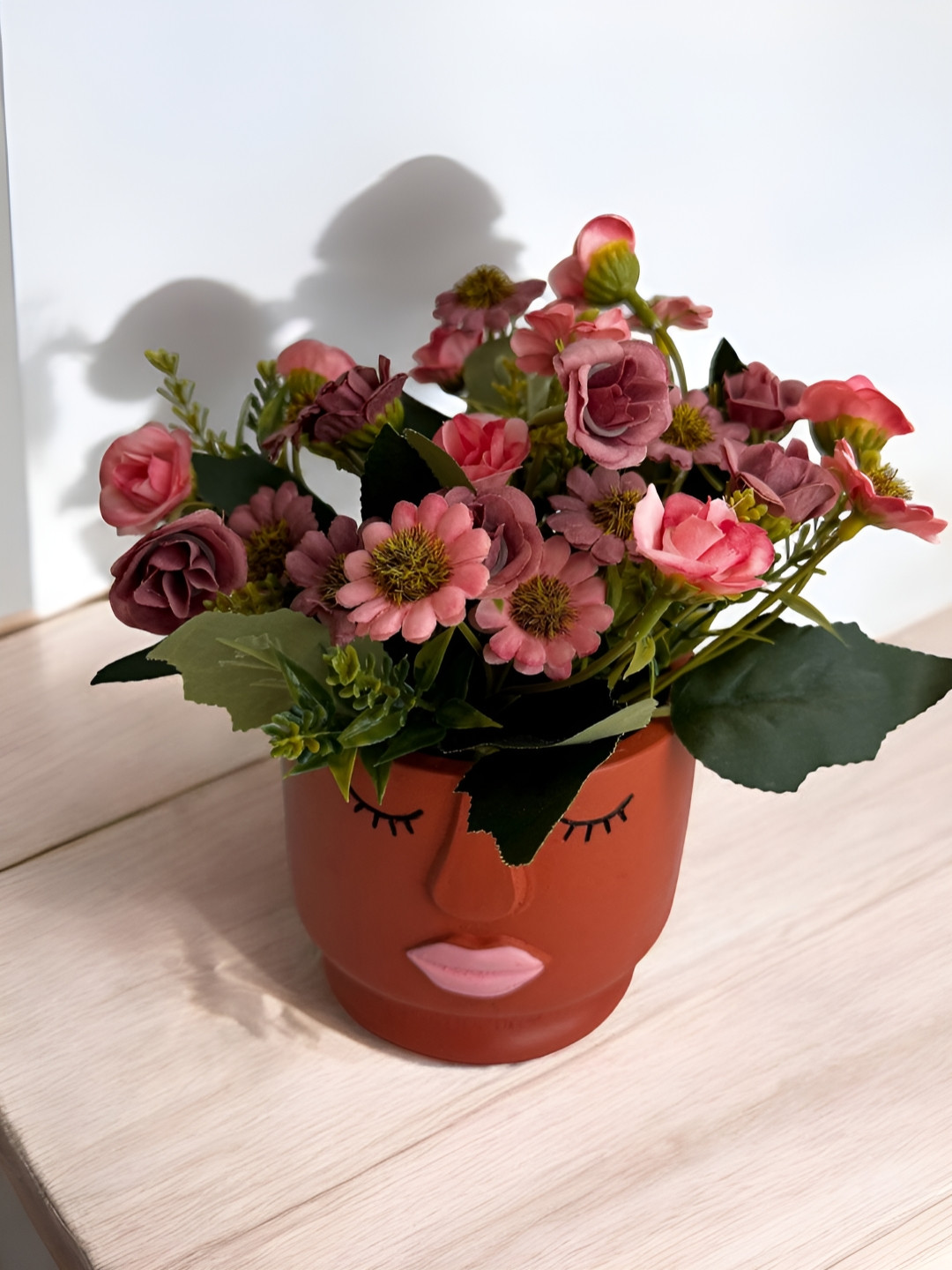 Art Street Artificial Daisy Bouquet Silk Flowers with Face Shape Terracotta Cement Vase