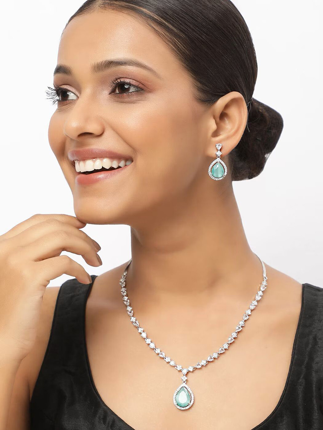 Ladymania Silver-Plated AD Stones Studded Necklace and Earrings