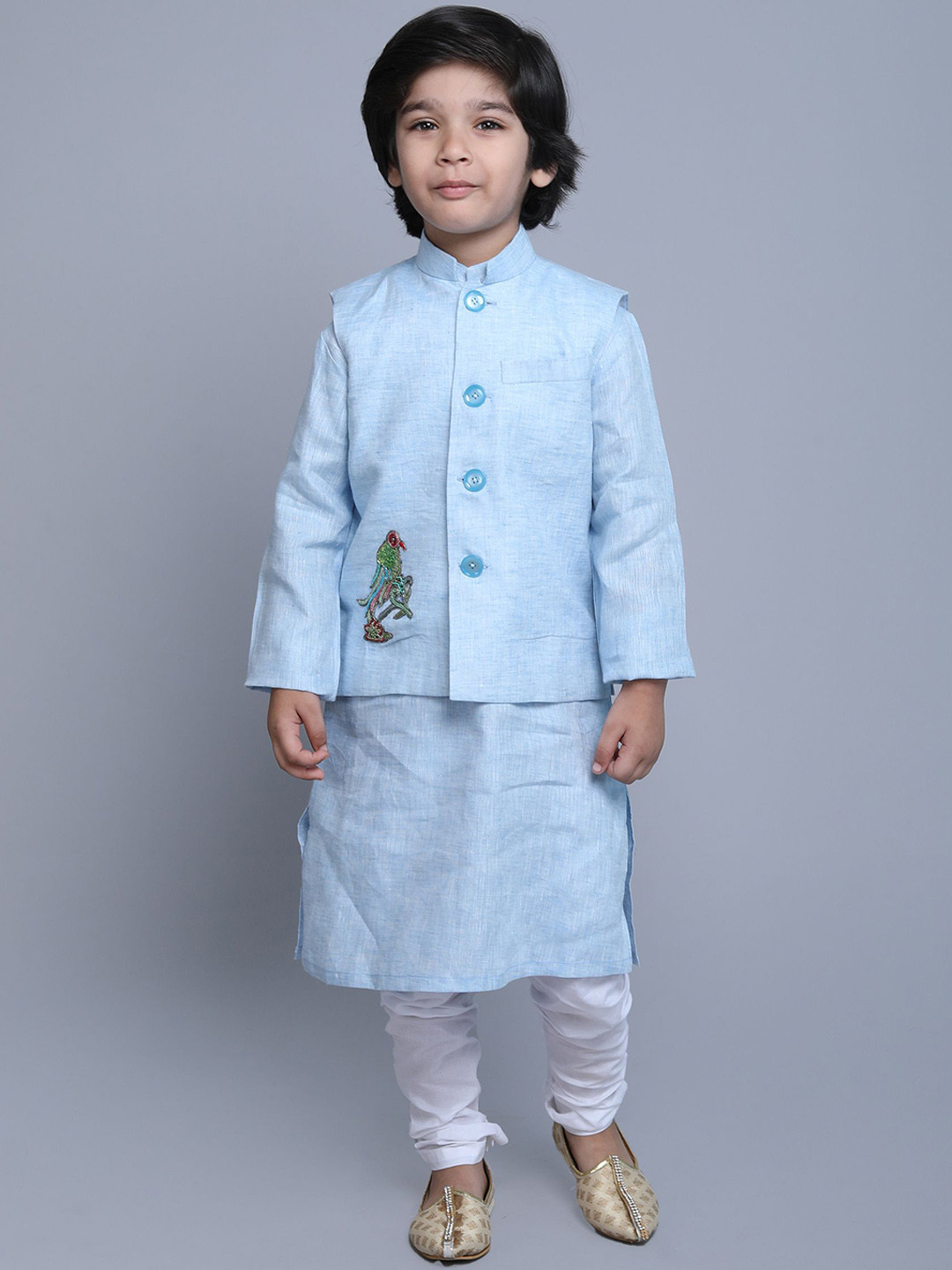 Little Clothings Boys Straight Linen Kurta with Churidar & Nehru Jacket