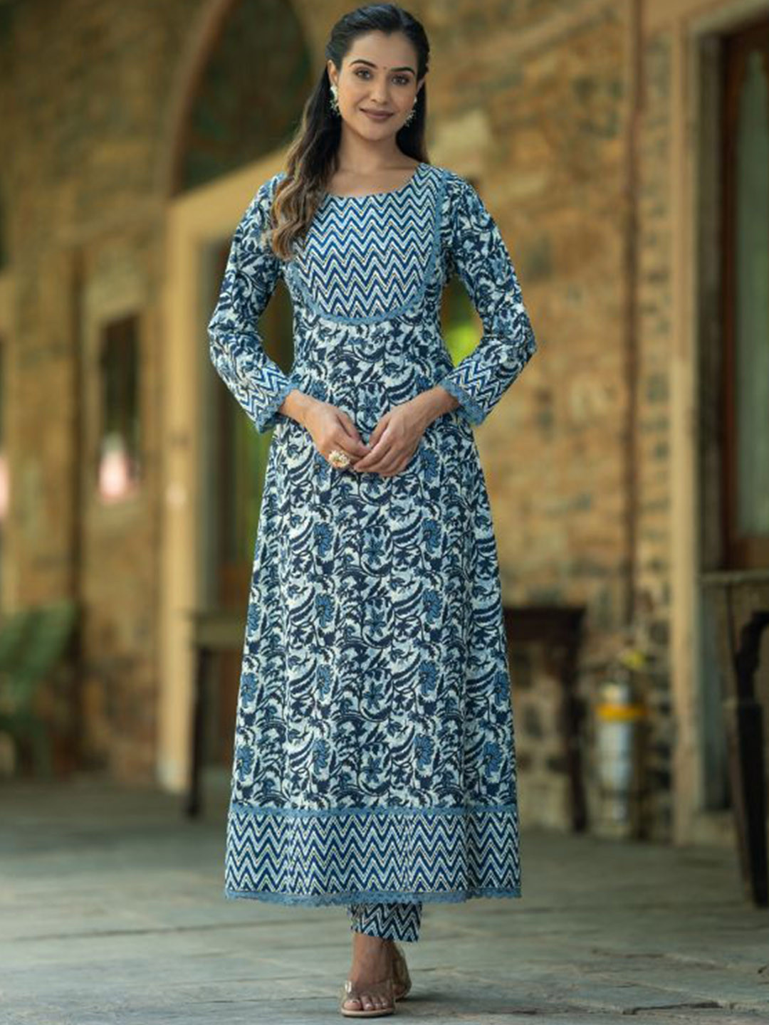 Kiana Ethnic Motifs Printed Pure Cotton A-Line Kurta With Trousers