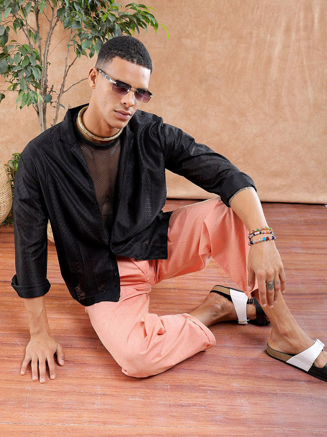 The Indian Garage Co Men Relaxed Fit Solid Warp Knit Lace Resortwear Shirt