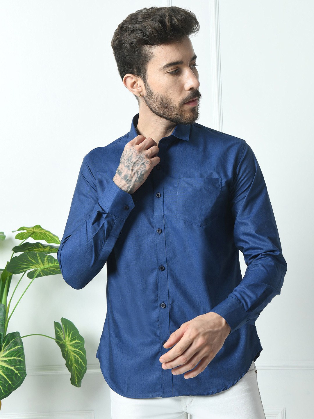 PEBCO Men Classic Spread Collar Solid Cotton Slim Fit Casual Shirt