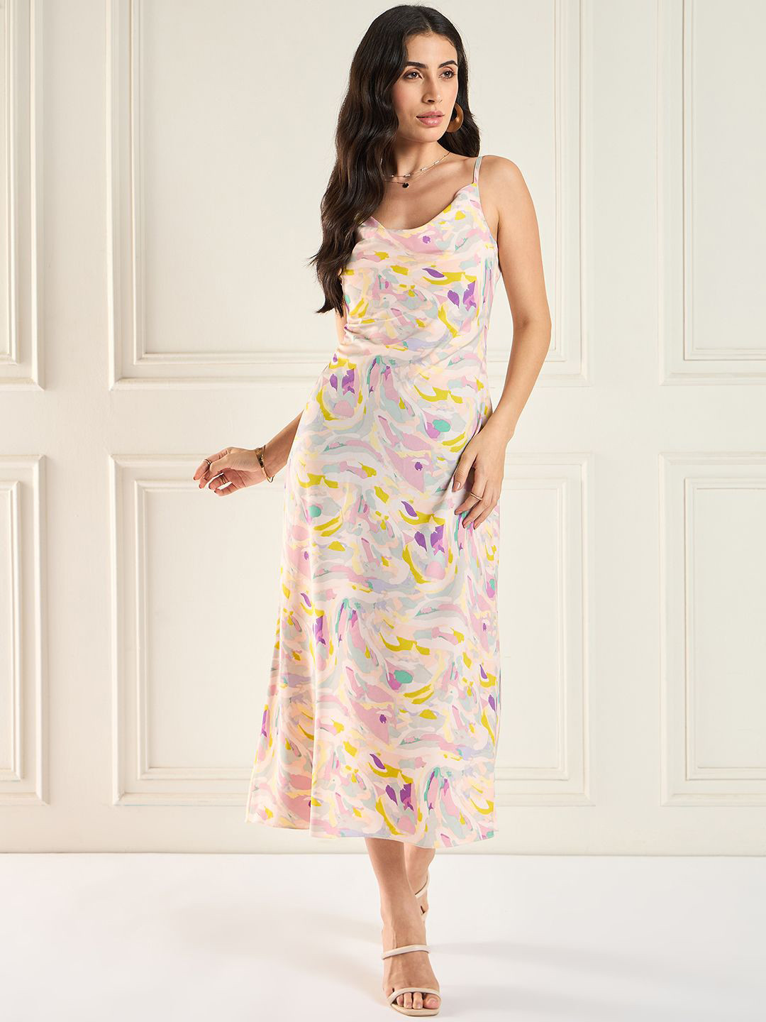 MAGRE Printed Cowl Neck Sheath Midi Dress