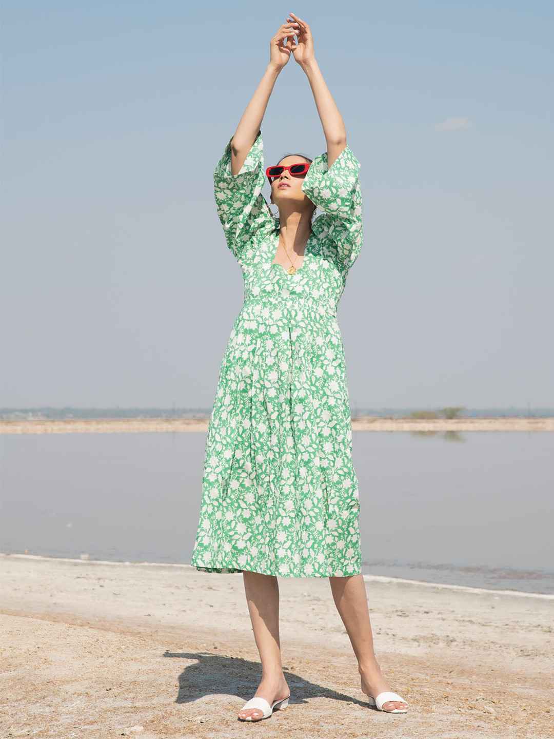 MARCHE Floral Printed Cotton Flared Sleeve Fit & Flare Midi Dress