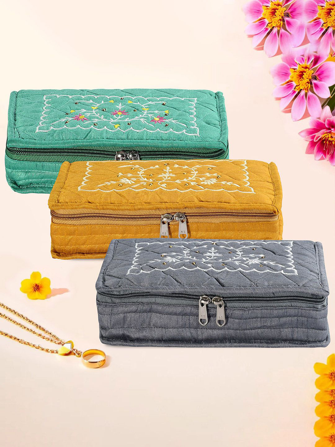 Kuber Industries Grey & Yellow 3 Pieces Floral Embroidered Jewellery Organisers