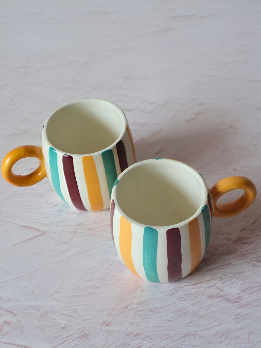 NURTURE INDIA Heart White Striped Ceramic Microwave Safe 2 Piece Mugs-300ml