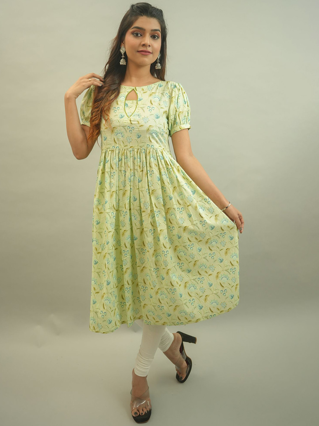 GO BOUJEE Floral Printed Keyhole Neck Cotton Patchwork Anarkali Kurta