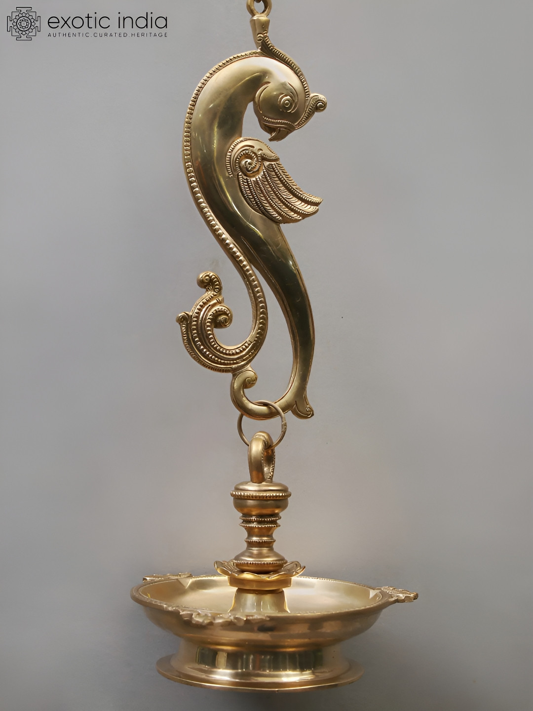 Exotic India Brass Parrot Design Three Wicks Hanging Lamp