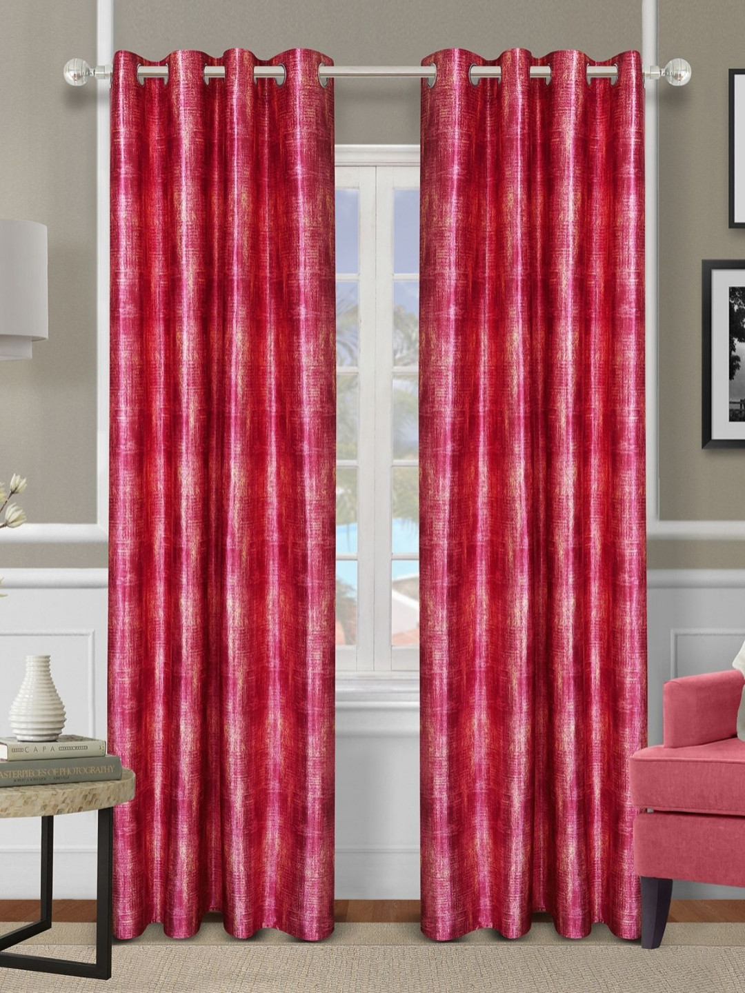 Myntra Elegant Homes Pink 2 Pieces Abstract Printed Room Darkening Door Curtains