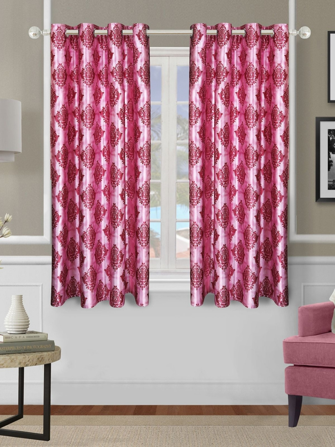 Myntra Elegant Homes Pink & White 2 Pieces Ethnic Motifs Room Darkening Window Curtains