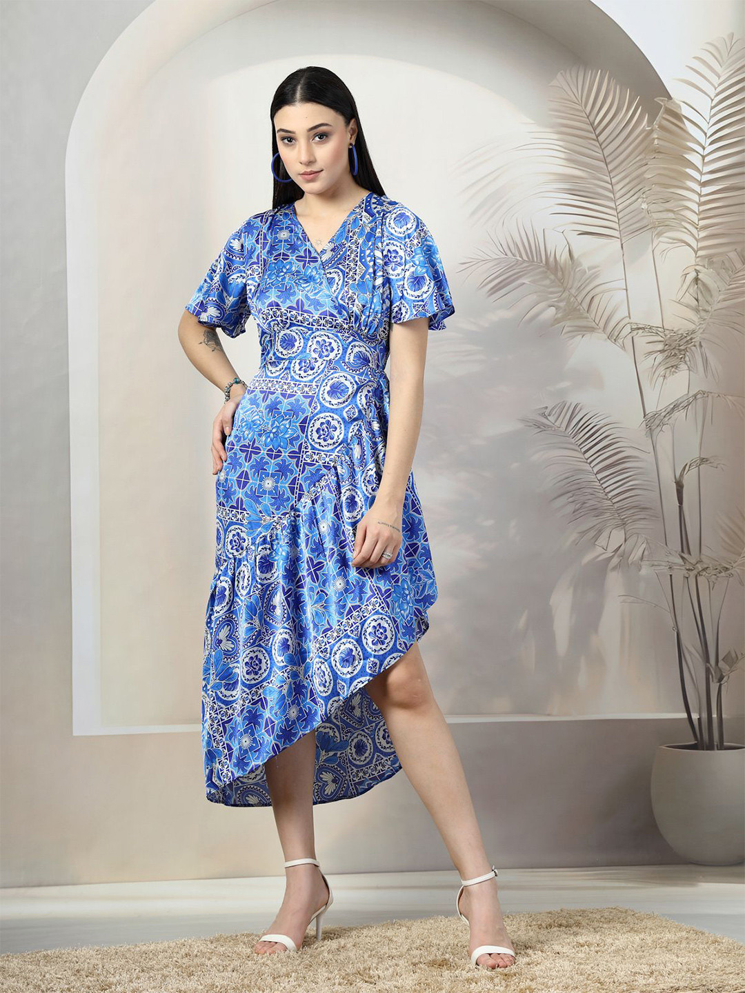 plusS Floral Printed A-Line Wrap Midi Dress