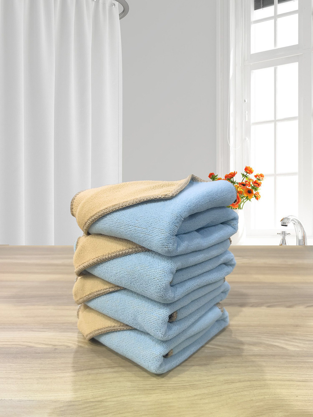 LABHAM Euphoria Blue & Beige 4 Pieces Anti-bacterial Reversible Towel